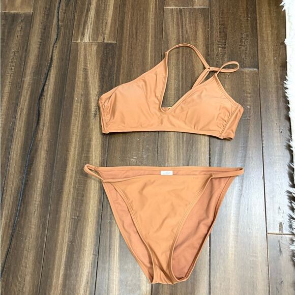 size M Brown Cut Out Asymmetrical Two Piece Bathing Swim Bikini Sexy - Picture 1 of 6